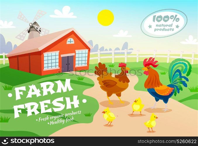 Chicken Farm Advertising Background. Poultry farm healthy organic food composition with flat suburban scenery hen house and group of chicken vector illustration
