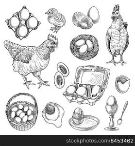 Chicken farm products sketches set. Hand drawn nest, hen, rooster, basket with eggs. Engraved vector illustration for poultry, meat, food production, Easter concept