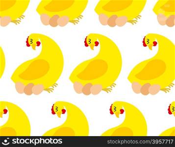 Chicken farm seamless pattern. Vector background of chickens and eggs. Many hens laying.