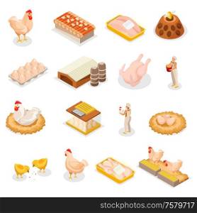 Chicken farm set with sixteen isolated isometric icons of poultry products images of animals and workers vector illustration