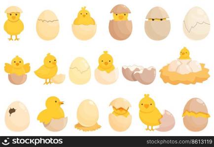 Chicken hatching icons set cartoon vector. Egg nest. Chicken baby. Chicken hatching icons set cartoon vector. Egg nest