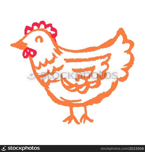 Chicken. Icon in hand draw style. Drawing with wax crayons, colored chalk, children&rsquo;s creativity. Vector illustration. Sign, symbol, pin, sticker. Icon in hand draw style. Drawing with wax crayons, children&rsquo;s creativity