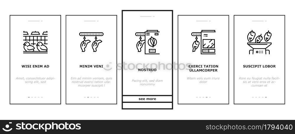 Chicken Meat Factory Onboarding Mobile App Page Screen Vector. Chicken Feather Pluck And Washing Machine, Conveyor And Refrigerator For Frozen Carcass Illustrations. Chicken Meat Factory Onboarding Icons Set Vector