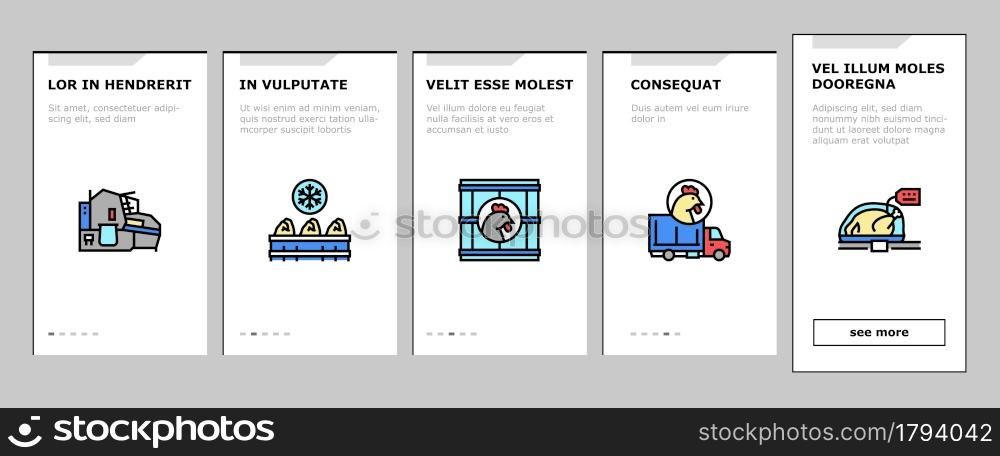 Chicken Meat Factory Onboarding Mobile App Page Screen Vector. Chicken Feather Pluck And Washing Machine, Conveyor And Refrigerator For Frozen Carcass Illustrations. Chicken Meat Factory Onboarding Icons Set Vector
