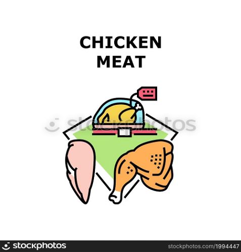Chicken Meat Vector Icon Concept. Chicken Meat Fillet, Leg And Carcass In Package Selling In Grocery Market. Healthy Raw Bird Food For Cooking Delicious Dish On Barbeque Or Stove Color Illustration. Chicken Meat Vector Concept Color Illustration