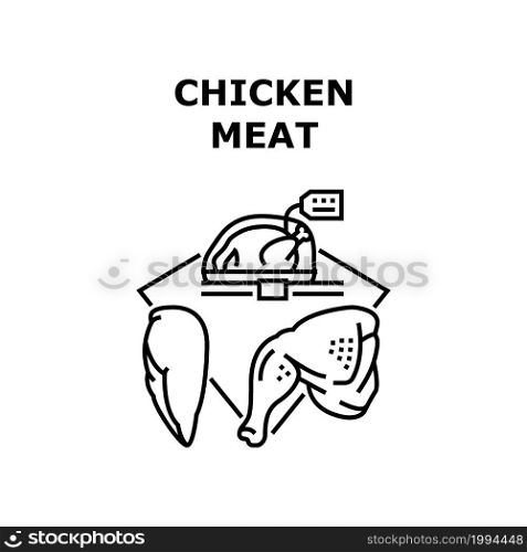 Chicken Meat Vector Icon Concept. Chicken Meat Fillet, Leg And Carcass In Package Selling In Grocery Market. Healthy Raw Bird Food For Cooking Delicious Dish On Barbeque Or Stove Black Illustration. Chicken Meat Vector Concept Black Illustration