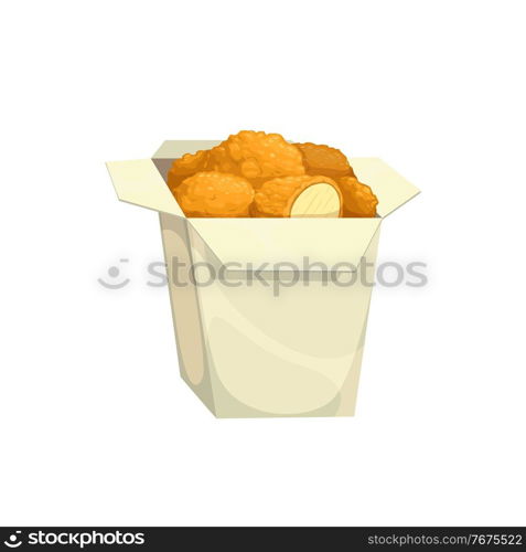 Chicken nuggets, fast food menu snacks in box, vector isolated icon. Fastfood restaurant or bistro cafe food, fried chicken nuggets in paper box, fast food court menu meals symbol. Chicken nuggets, fast food menu snacks in box