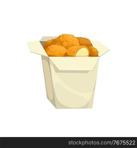 Chicken nuggets, fast food menu snacks in box, vector isolated icon. Fastfood restaurant or bistro cafe food, fried chicken nuggets in paper box, fast food court menu meals symbol. Chicken nuggets, fast food menu snacks in box