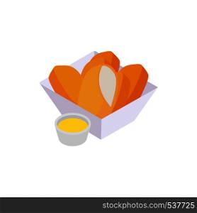 Chicken nuggets icon in isometric 3d style isolated on white background. Chicken fingers in the paper basket with sauce. Chicken nuggets icon, isometric 3d style