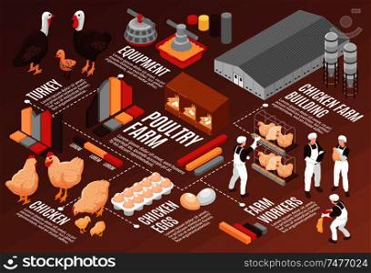Chicken poultry farm isometric flowchart poster with meat eggs production equipment farm workers buildings birds vector illustration
