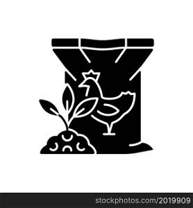 Chicken poultry manure black glyph icon. Plants and crops organic nourishing. Growth and fertility increasing. Ground additive. Silhouette symbol on white space. Vector isolated illustration. Chicken poultry manure black glyph icon