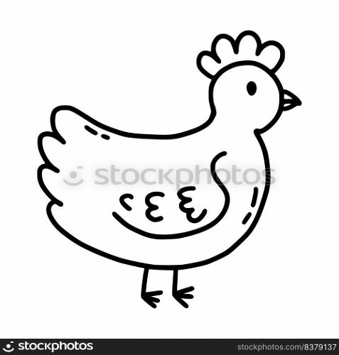Chicken. Vector doodle illustration. Coloring book for children with animals. Inhabitants of farm.