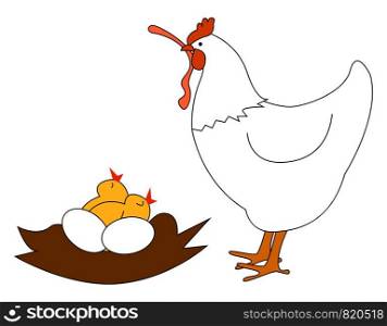 Chicken with worm, illustration, vector on white background.