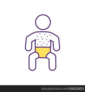 Chickenpox in babies RGB color icon. Itchy rash. Measles, psoriasis and eczema. Fever, discomfort. Aches, pains. High temperature in infants. Health condition. Baby acnes. Isolated vector illustration. Chickenpox in babies RGB color icon