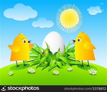 Chickens and egg on blue sky with clouds background.