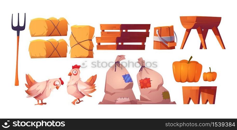 Chickens, straw, bags with harvest and fork isolated on white background. Vector cartoon set of farm icons with hay stacks, wooden boxes, trough and bench, hen and pumpkin. Chickens, straw, bags with harvest and fork