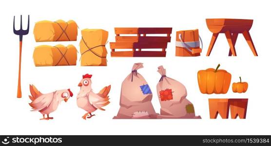 Chickens, straw, bags with harvest and fork isolated on white background. Vector cartoon set of farm icons with hay stacks, wooden boxes, trough and bench, hen and pumpkin. Chickens, straw, bags with harvest and fork