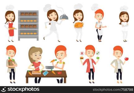 Chief cook in uniform holding roasted chicken. Chief cook holding plate with just fried chicken. Chef cook running with cloche. Set of vector flat design illustrations isolated on white background.. Vector set of people eating and drinking.