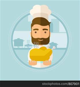 Chief cooker holding roasted chicken in the kitchen. Chief cooker with whole baked chicken. Chief cooker with fried chicken. Vector flat design illustration in the circle isolated on background.. Chief cooker holding roasted chicken.