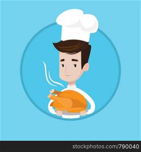 Chief cooker in uniform and cap holding roasted chicken. Young caucasian chief cooker holding whole baked chicken on plate. Vector flat design illustration in the circle isolated on background.. Chief cooker holding roasted chicken.