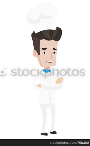 Chief cooker in uniform and hat standing with arms crossed. Young caucasian chef. Confident chief cooker. Full length of cheerful chef. Vector flat design illustration isolated on white background.. Confident male chief cooker with arms crossed.
