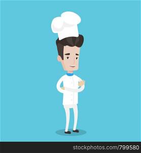 Chief cooker in uniform and hat standing with arms crossed. Young caucasian chef. Confident male chief cooker. Full length of cheerful smiling chef. Vector flat design illustration. Square layout. Confident male chief cooker with arms crossed.