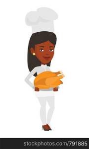 Chief cooker in uniform holding roasted chicken. Chief cooker with whole baked chicken. Chief cooker holding plate with fried chicken. Vector flat design illustration isolated on white background.. Chief cooker holding roasted chicken.