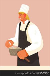 Chief-cooker young man at work. Cartoon chief cooking in restaurant professional kitchen. Food industry, restaurant service illustration. Chef in black apron cook food mix with a spoon in a pan. Chief-cooker young man at work. Chef in black apron cook food mix with a spoon in a pan