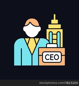Chief executive RGB color icon for dark theme. Ceo of corporation. Chief executive officer, administrator. Isolated vector illustration on night mode background. Simple filled line drawing on black. Chief executive RGB color icon for dark theme