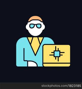 Chief technology officer RGB color icon for dark theme. Scientific and technological occupation. Isolated vector illustration on night mode background. Simple filled line drawing on black. Chief technology officer RGB color icon for dark theme