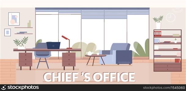 Chiefs office banner flat vector template. Interior design company, furniture store brochure, booklet one page concept design with cartoon illustrations. Freelance, home workplace flyer, leaflet. Chiefs office banner flat vector template