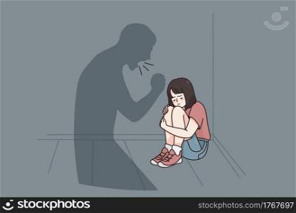 Child abuse and fear concept. Small stressed girl cartoon character sitting on floor listening to her Father shadow yelling at her feeling upset and depressed vector illustration . Child abuse and fear concept