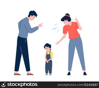 Child abuse in family. Parents violent on kid, scream mother and father. Alone boy and angry parents. Cartoon abusive couple recent vector scene. Illustration of family violence and abuse kid. Child abuse in family. Parents violent on kid, scream mother and father. Alone boy and angry parents. Cartoon abusive couple recent vector scene
