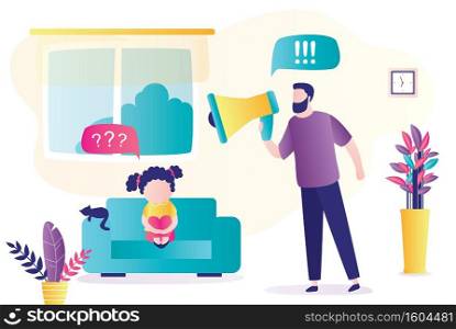Child abuse. Parent abusing kid, father shouts in loudspeaker to unhappy daughter. Cartoon man scolds sad girl sitting on armchair. Family problems concept. Home conflict. Flat vector illustration