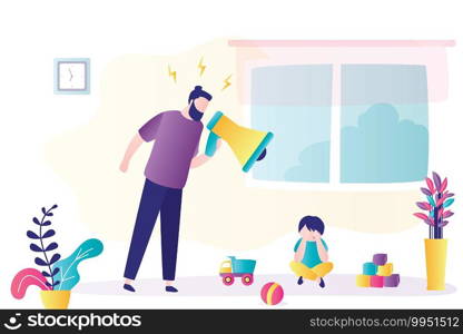 Child abuse. Parent abusing kid, father shouts in loudspeaker to unhappy son. Cartoon angry man scolds at crying boy. Family problems concept. Home conflict. Trendy flat vector illustration