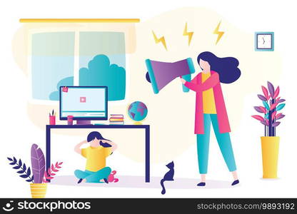 Child abuse. Parent abusing kid, mother shouts in loudspeaker to unhappy daughter. Cartoon woman scolds unhappy teenage girl hid under the table. Family problems concept. Home conflict. Trendy vector