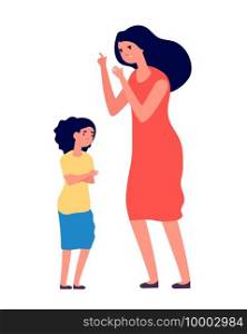 Child abuse. Parent abusing kid, mother shouts to unhappy daughter. Woman scolds sad girl, family problems. Vector conflict illustration. Kid abuse, child sad, parent angry to girl. Child abuse. Parent abusing kid, mother shouts to unhappy daughter. Woman scolds sad girl, family problems. Vector conflict illustration