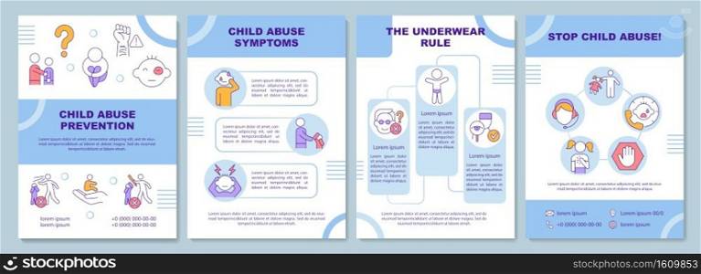 Child abuse prevention brochure template. Protect minors. Flyer, booklet, leaflet print, cover design with linear icons. Vector layouts for magazines, annual reports, advertising posters. Child abuse prevention brochure template
