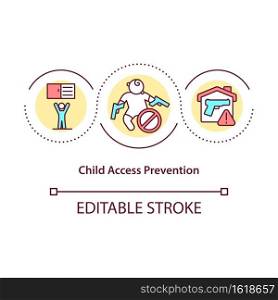 Child access prevention concept icon. Children safety gun control idea thin line illustration. Attention, pistol not toy for children. Vector isolated outline RGB color drawing. Editable stroke. Child access prevention concept icon