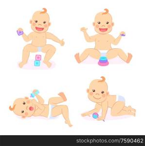 Child activity vector, set of isolated kid playing with toys for cognitive abilities development. Cute baby wearing diaper and holding bottle with meal. Baby Playing with Geometric Cubes Crawling Kid