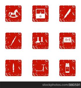 Child advance icons set. Grunge set of 9 child advance vector icons for web isolated on white background. Child advance icons set, grunge style