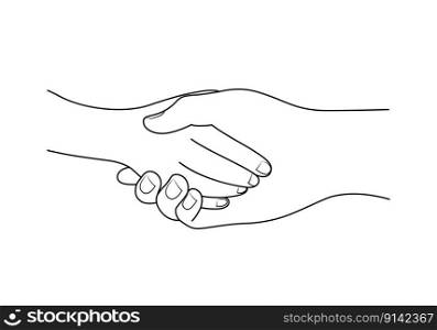 Child and adult hands hold each other. Line art style, vector illustration.