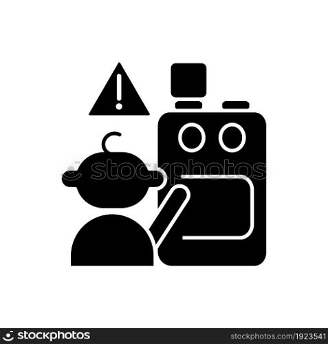 Child and cooking appliances black glyph icon. Kitchen safety. Burn and injury prevention. Keep baby away from oven. Home security. Silhouette symbol on white space. Vector isolated illustration. Child and cooking appliances black glyph icon