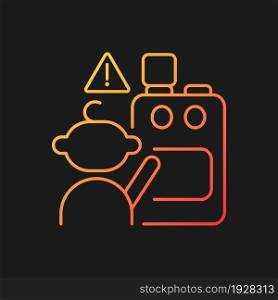 Child and cooking appliances gradient vector icon for dark theme. Kitchen safety for kids. Burn and injury prevention. Thin line color symbol. Modern style pictogram. Vector isolated outline drawing. Child and cooking appliances gradient vector icon for dark theme