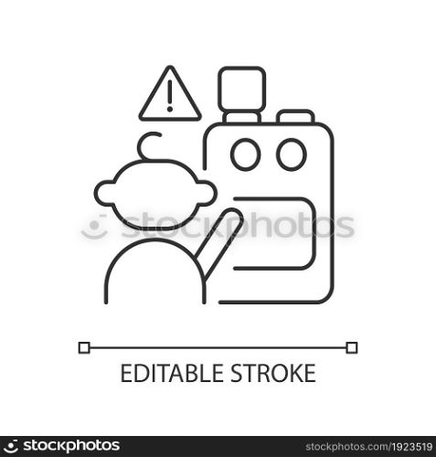 Child and cooking appliances linear icon. Kitchen safety for kids. Burn and injury prevention. Thin line customizable illustration. Contour symbol. Vector isolated outline drawing. Editable stroke. Child and cooking appliances linear icon