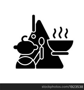 Child and hot food black glyph icon. Baby safety. While eating supervision required. Burn and injuries prevention. Infant security. Silhouette symbol on white space. Vector isolated illustration. Child and hot food black glyph icon