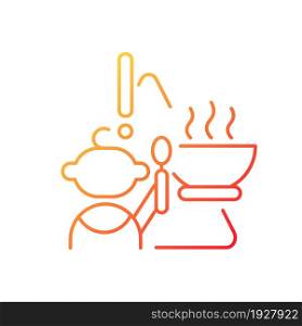 Child and hot food gradient linear vector icon. Baby safety. While eating supervision required. Infant security. Thin line color symbol. Modern style pictogram. Vector isolated outline drawing. Child and hot food gradient linear vector icon