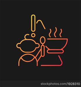 Child and hot food gradient vector icon for dark theme. Baby safety. Burn and injuries prevention. Infant security. Thin line color symbol. Modern style pictogram. Vector isolated outline drawing. Child and hot food gradient vector icon for dark theme