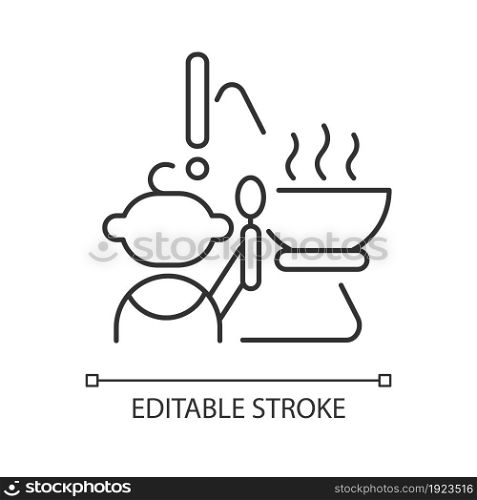 Child and hot food linear icon. Baby safety at home. Burn, injuries prevention. Infant security. Thin line customizable illustration. Contour symbol. Vector isolated outline drawing. Editable stroke. Child and hot food linear icon