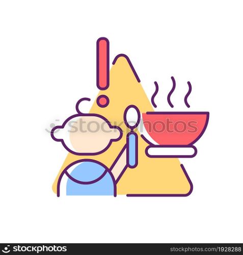 Child and hot food RGB color icon. Baby safety at home. While eating supervision required. Burn and injuries prevention. Infant security. Isolated vector illustration. Simple filled line drawing. Child and hot food RGB color icon